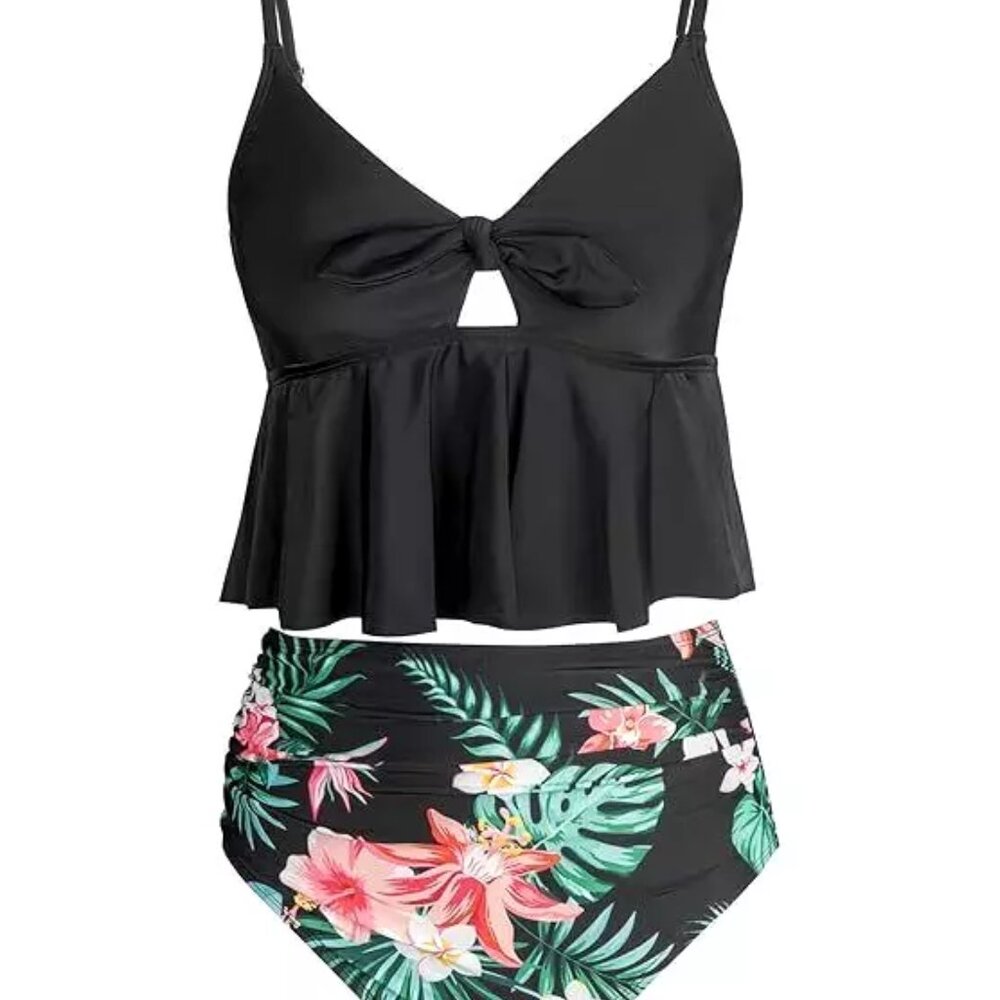Cupshe 2 Piece High Waisted Swimsuit Size Large Cutout Knot Adjustable Straps